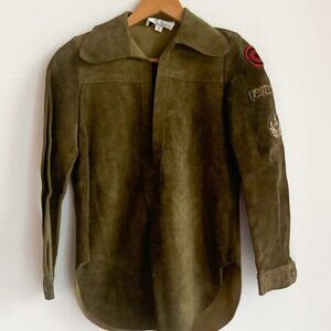 Vintage 70s Suede Olive Green Bagatelle Shirt w Patchwork S